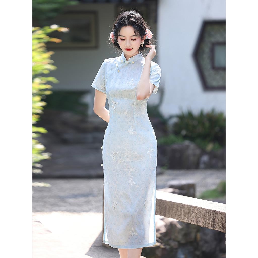 Light blue new Chinese cheongsam summer improved young slim temperament dress 1011 new high-end jacquard