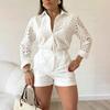 Women's Summer Eyelet Two Piece Outfit Long Sleeve Button Down Shirt with High Waist Shorts Casual Lounge Matching Suit