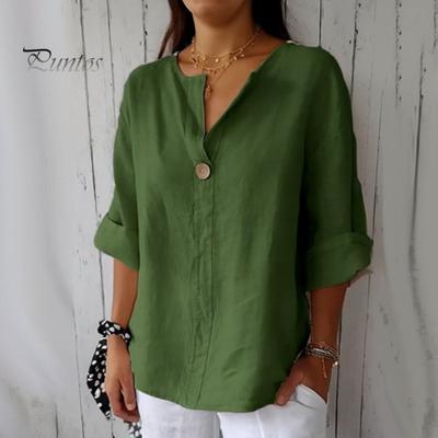 Женские топы с V-образным вырезом, застегивающиеся на пуговицы, с рукавом четверть длины, однотонные свободные топы-рубашки для работы и путешествий, повседневная одежда