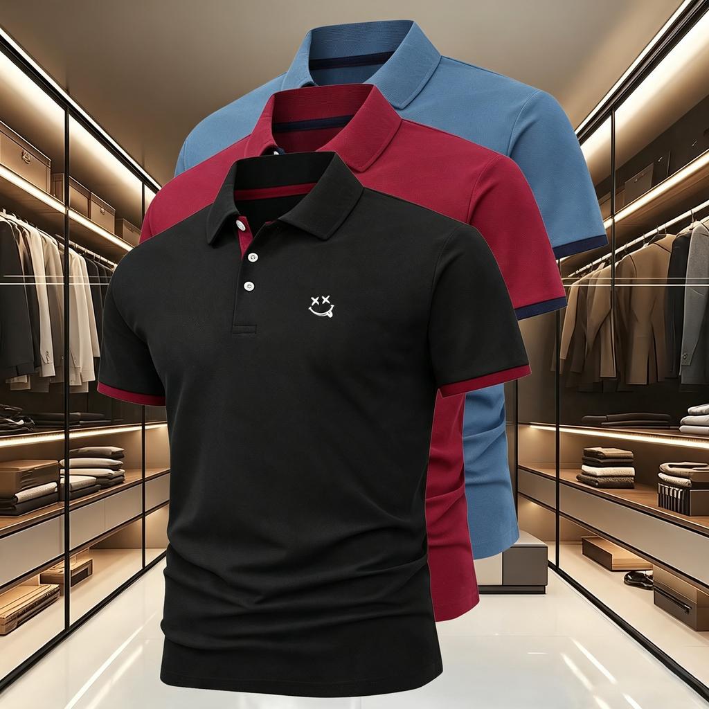 Men's 3Pack Set Short-Sleeve Polo Shirt with 3Button,2Tone Cuffs Moisture-Wicking Ideal for Golf, Commuting, and Casual Wear
