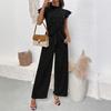 Summer Solid Color High-end Flying Sleeve Small Stand-up Collar High-waisted One-piece Trousers for Women