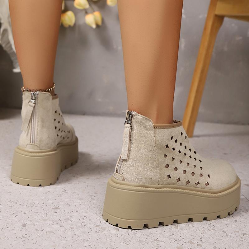Fashion Faux Suede Zip Decor Wedges Boots Women Hollow Out Thick Sole Non Slip Summer Boots Woman Plus Size Chunky Platform Ankle Boots