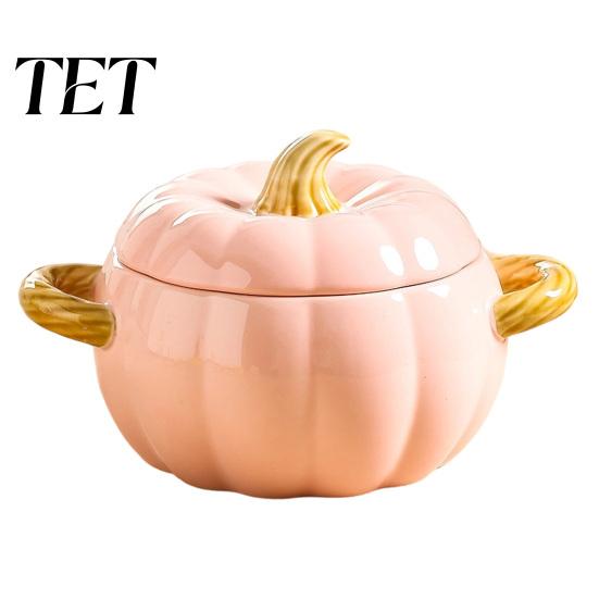 Kitchen Cereal Stew Container Pumpkin Soup Bowl with Lid And Double Handle, Microwave Safe Decorative Thanksgiving Tableware Ceramic Bowl, Heat