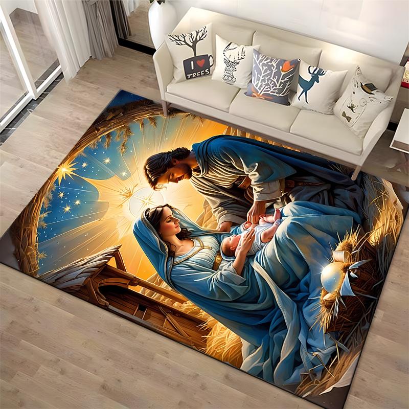 Nativity Scene with Holy Family Non-slip rug suitable for living room and bedroom sofas.