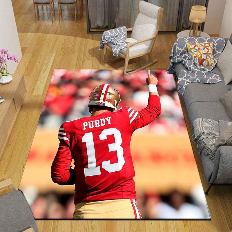 Brock Purdy Flannel Printed Carpet, Home Sofa Decoration for Living Room & Bedroom, Non‑Slip Play Flannel Floor Mat for Game Room