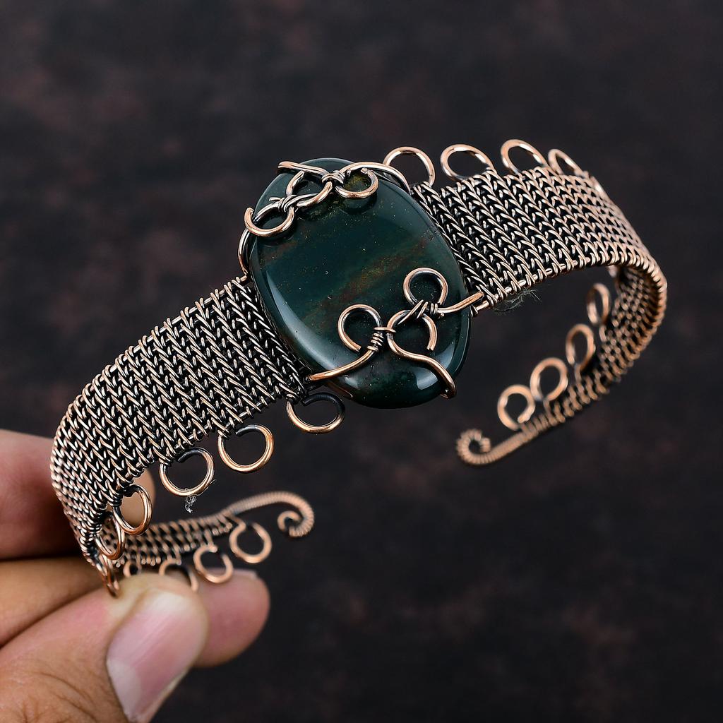 Браслет из медной проволоки с кровавым камнем, браслет-манжета ручной работы, браслет из натурального драгоценного камня, браслет из медной проволоки, подарок для нее, регулируемый браслет