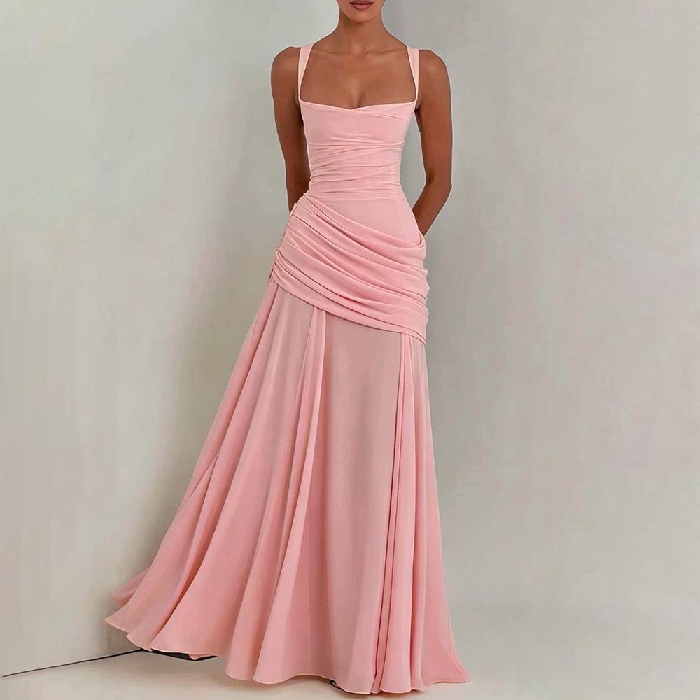 European and American versatile women's clothing temperament elegant suspender pleated dress sexy slim fit solid color temperament dress