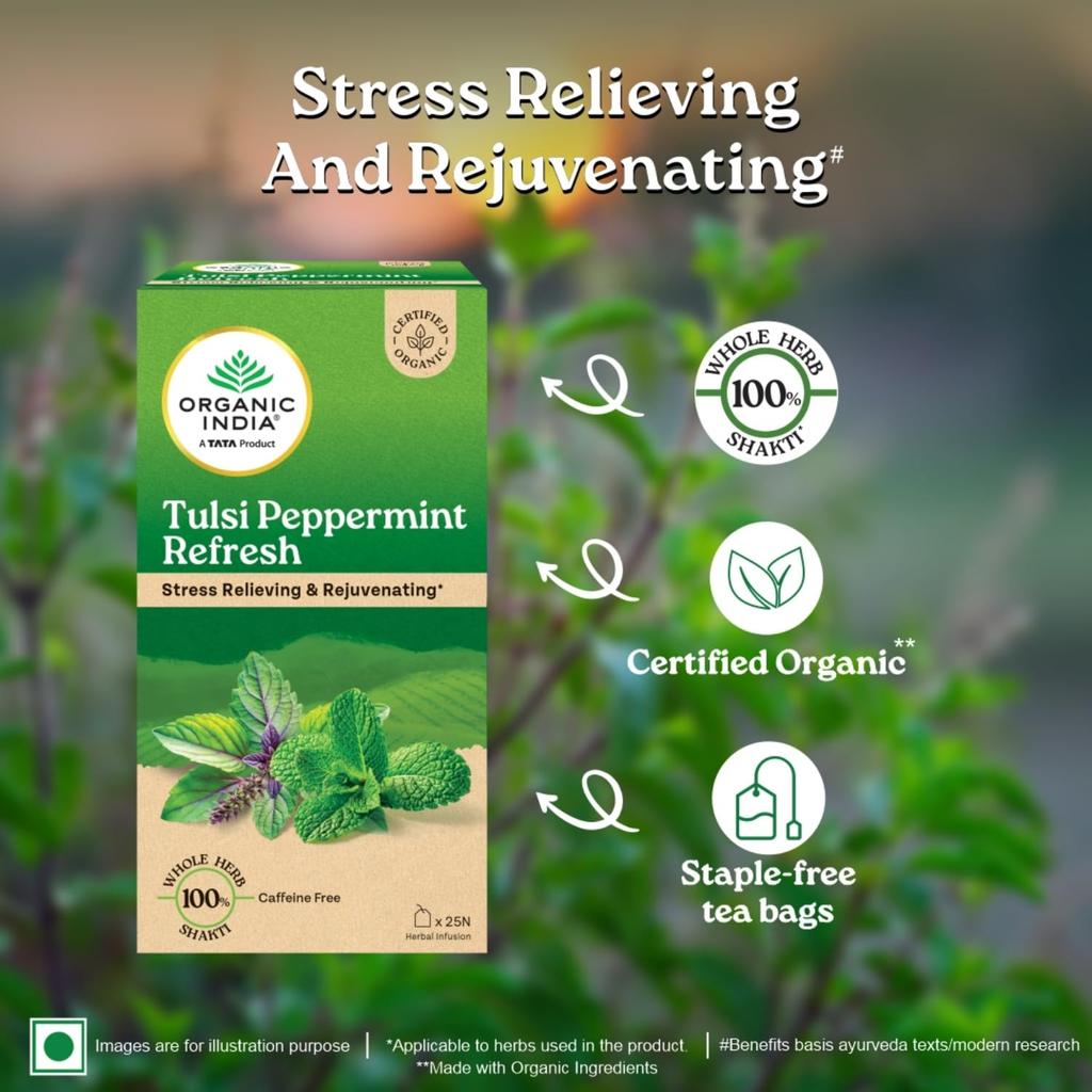 ORGANIC INDIA Чай Tulsi с мятой Освежающий, 25 пакетиков | Травяной чай для снятия стресса и омоложения