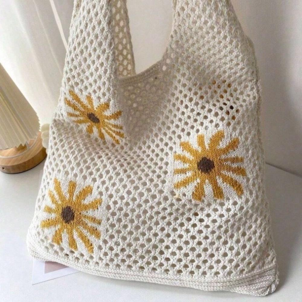 Flowers Pattern Crochet Tote Bag Retro Hollow Shoulder Bag Trendy Beach Knitting Bag Office