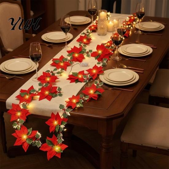 Fireplace Garland Lighting Christmas Poinsettia String Lights, 200/300cm Red Green Floral Garland, Battery/USB Low Voltage LED Operated Indoor Outdoor