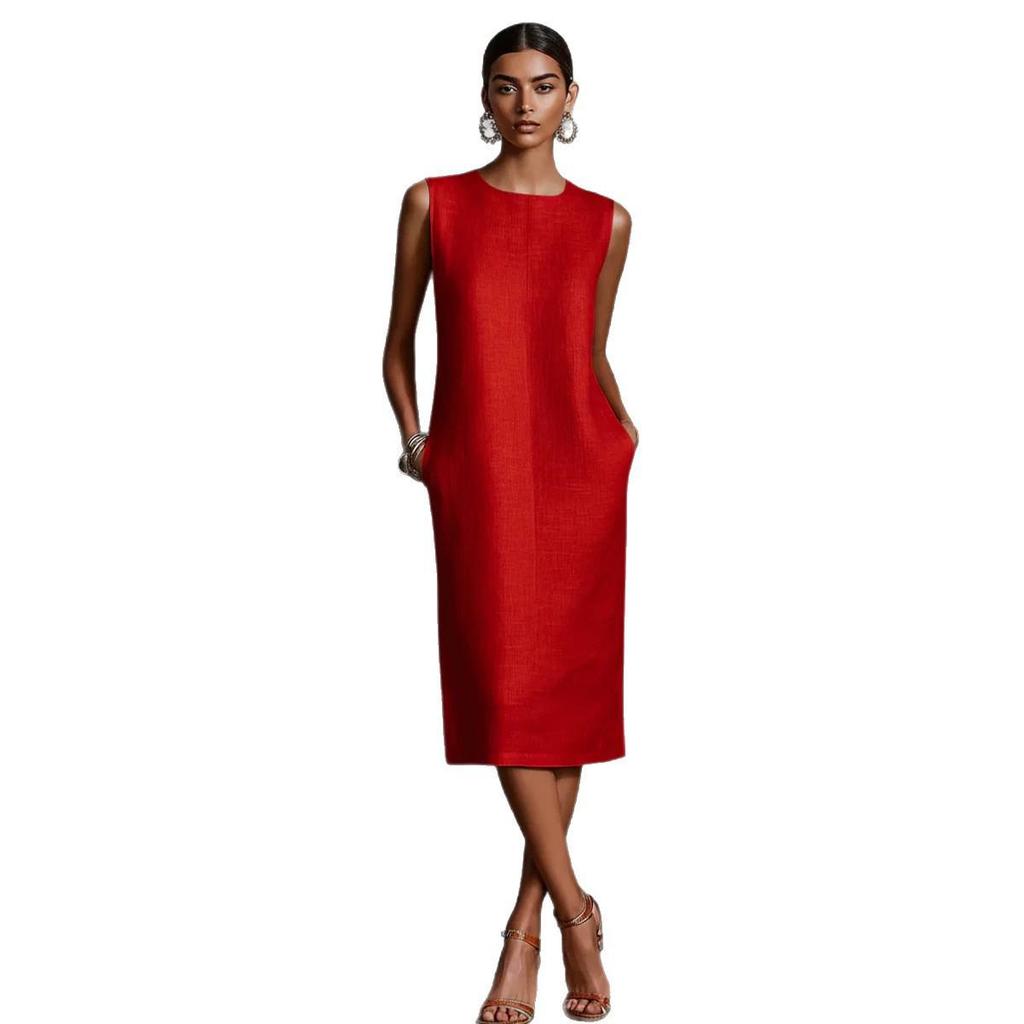 In Stock 2026 New Style Women’s Linen Blend Sleeveless Round Neck Summer Dress - European & American Fashion