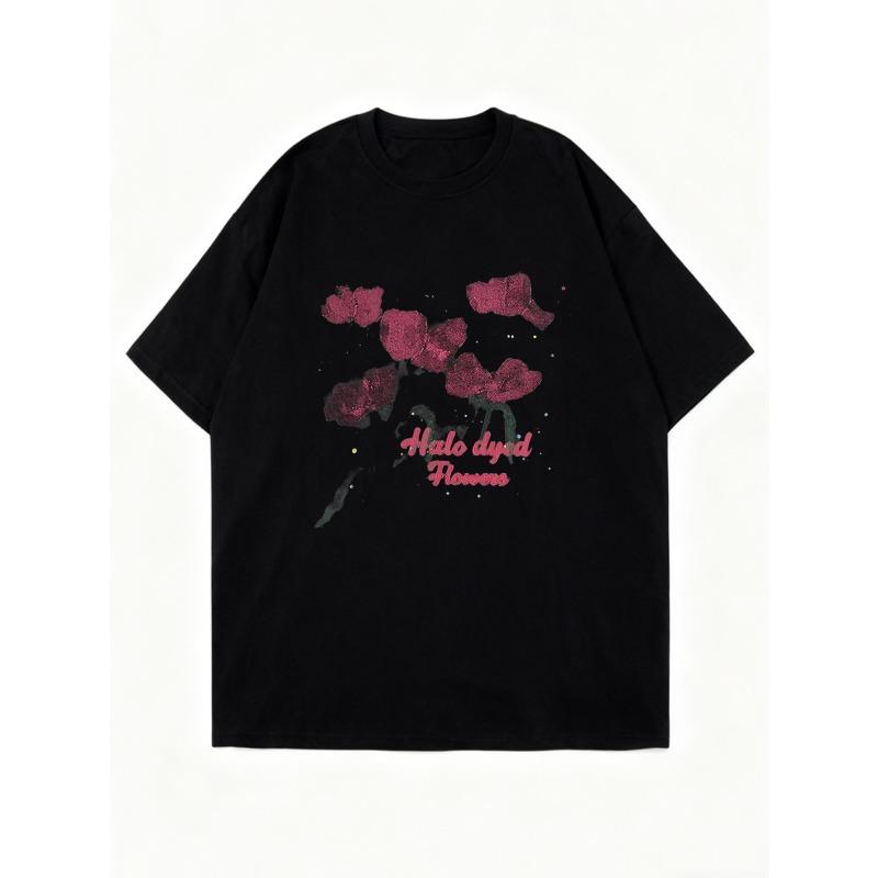 Черная футболка оверсайз с розовым цветочным принтом и текстом Halo Dyed Flowers для повседневной носки