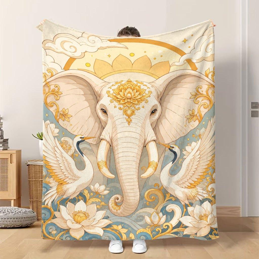 1pc Flannel Blanket Elephant Cranes And Lotus Design Soft Comfortable And Warm Suitable for All Seasons Beautiful Printed Design I