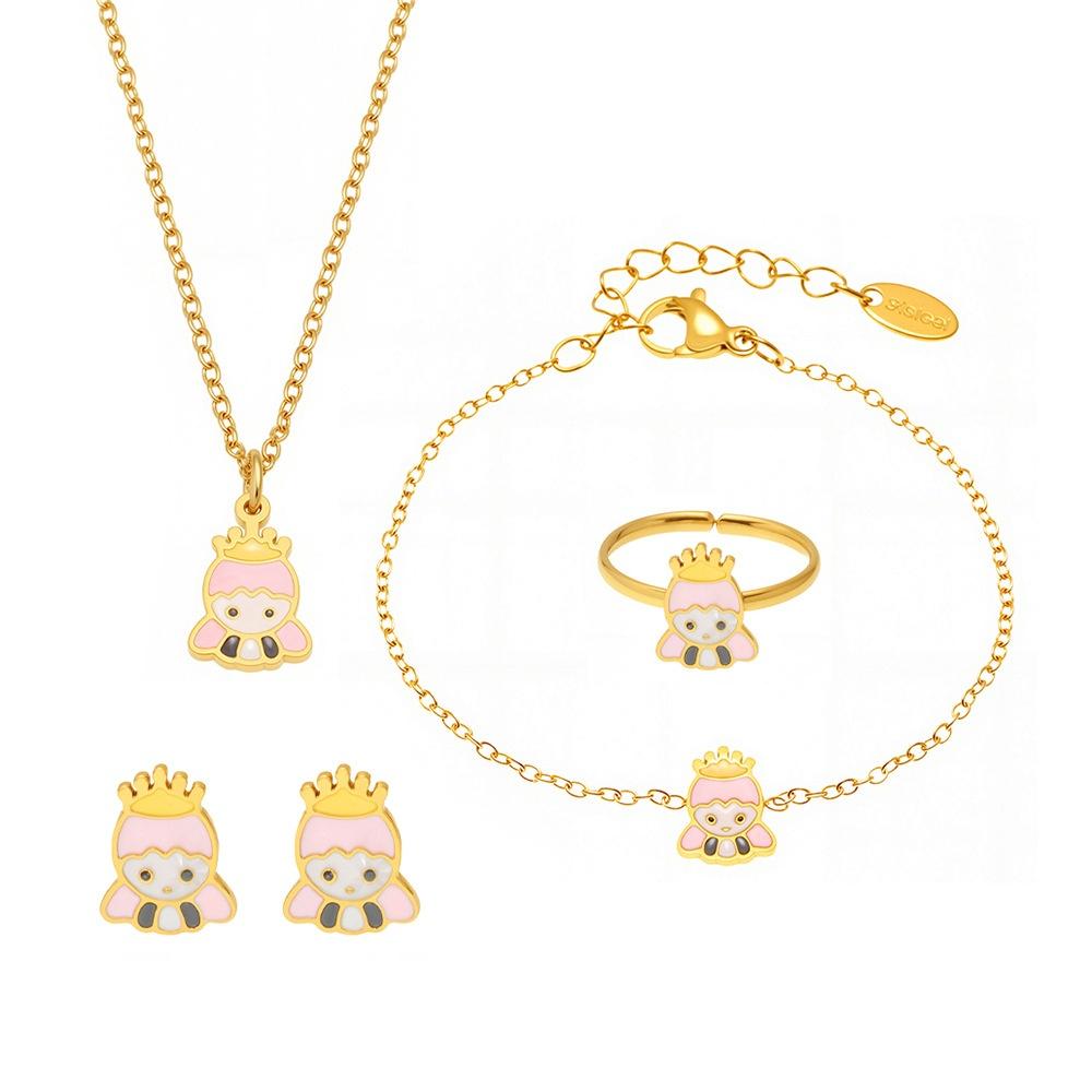 Mysterious Colorful Stainless Steel Cute Design Children's Jewelry Set with Pendant Necklace Bracelet Earrings Ring