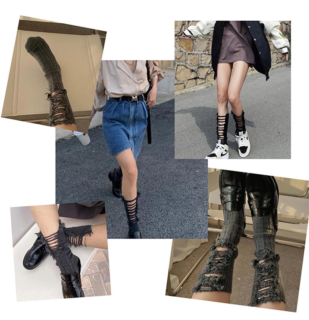 Хлопковые вязаные гольфы с рваным готическим краем в рубчик цвета дистресс, носки нищего, рваные носки, летние чулки
