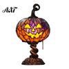 Cozy Ambient Lighting Stained Glass Halloween Pumpkin Table Lamp, USB Powered Resin Night Light with Vintage Style Shelf Ornaments Warm Glow,