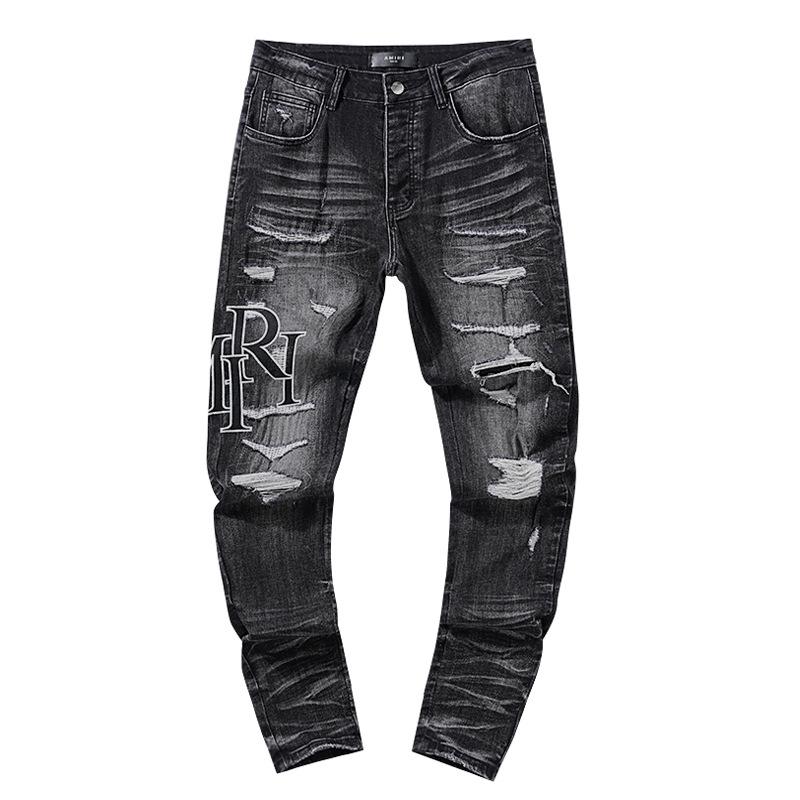 Fashion American High Street Hole & Patch Trendy Retro Straight Ami Denim Pants