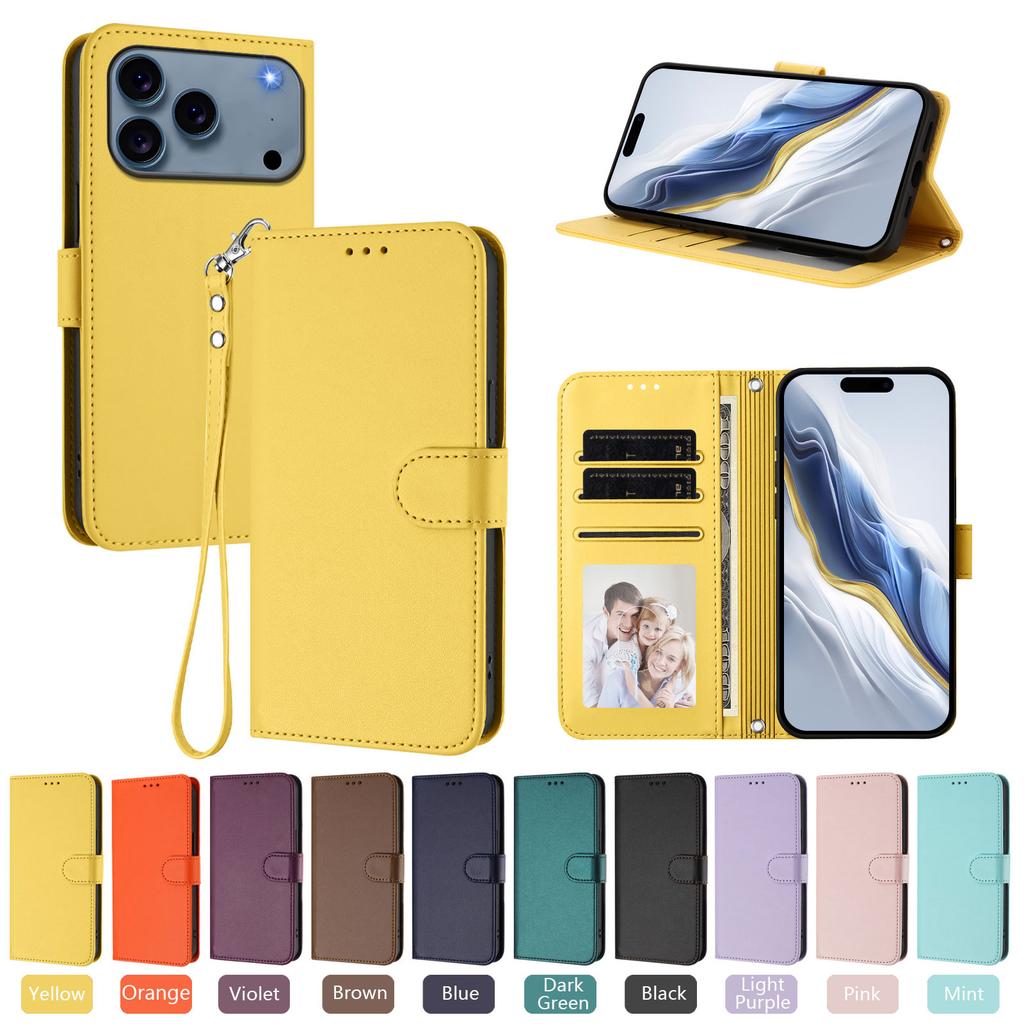 Однотонный кошелек-книжка кожаный чехол для IPhone 17 13 14 15 16 12 Pro Max Air 16E 16 15 14 Plus 12 13 Mini Ремешок Задняя крышка