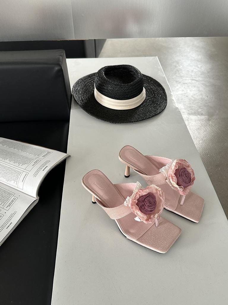 Модные женские босоножки с открытым носком, бежевые, розовые, фиолетовые, с цветочным узором, летние туфли-мюли на тонком высоком каблуке, туфли-туфли 35-39