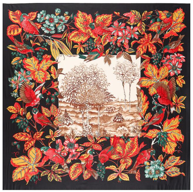 130cm*130cm High Quality Large Square Scarves Shawls Luxury Brand Bohemian Flowers and Birds Twill Silk Scarf For Women Headband