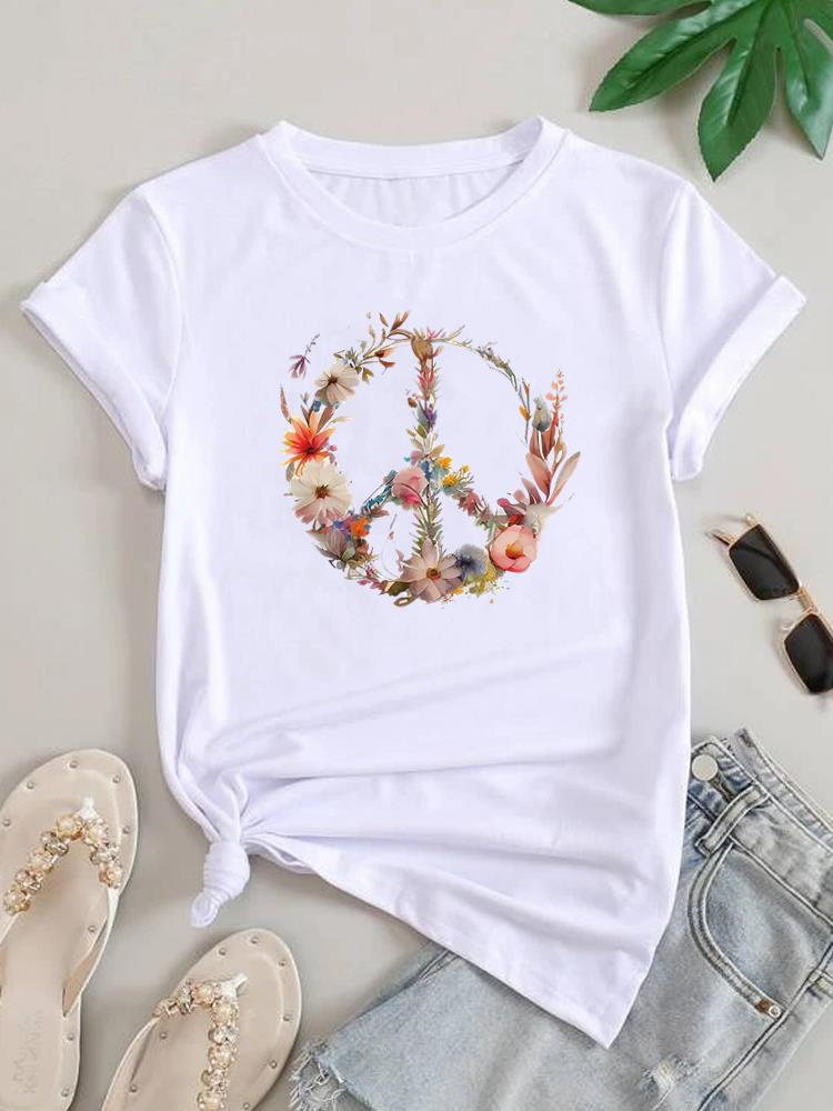 (Asian Size) Women Letter Flower Lovely Cute Tee Top Clothing Casual Short Sleeve T Shirt Fashion Print Lady Female Graphic T-shirts