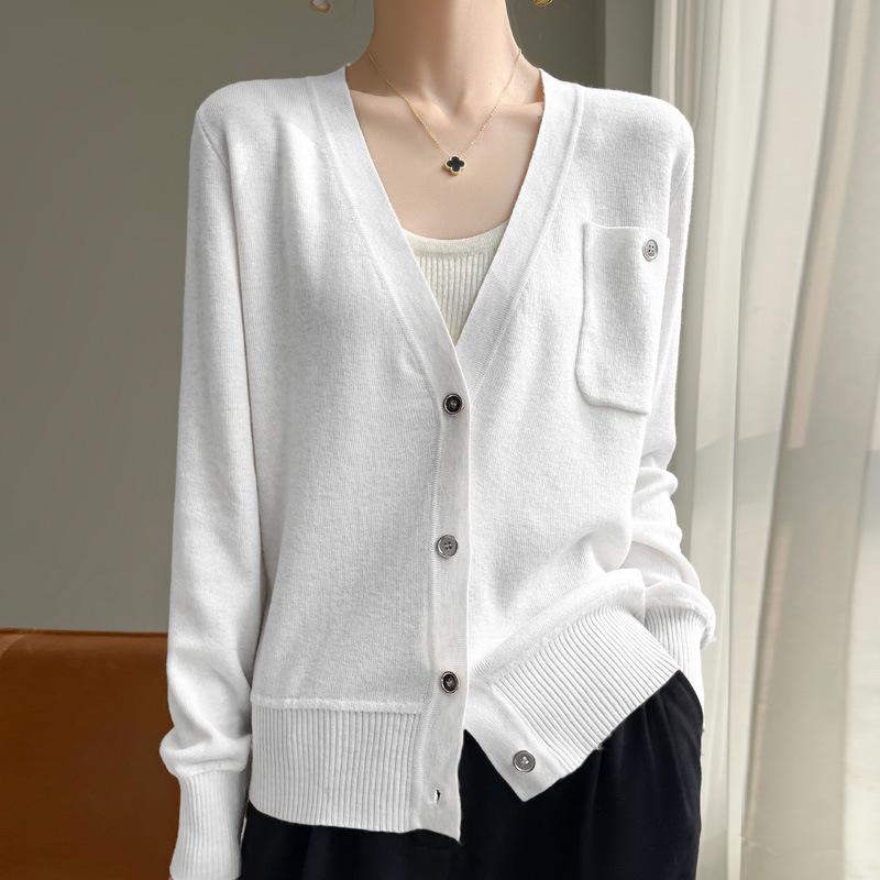 Вязаный кардиган с длинным рукавом Женская короткая куртка Свитер Высокий дизайн Нишевый Свободный Тонкий V-образный вырез Топ