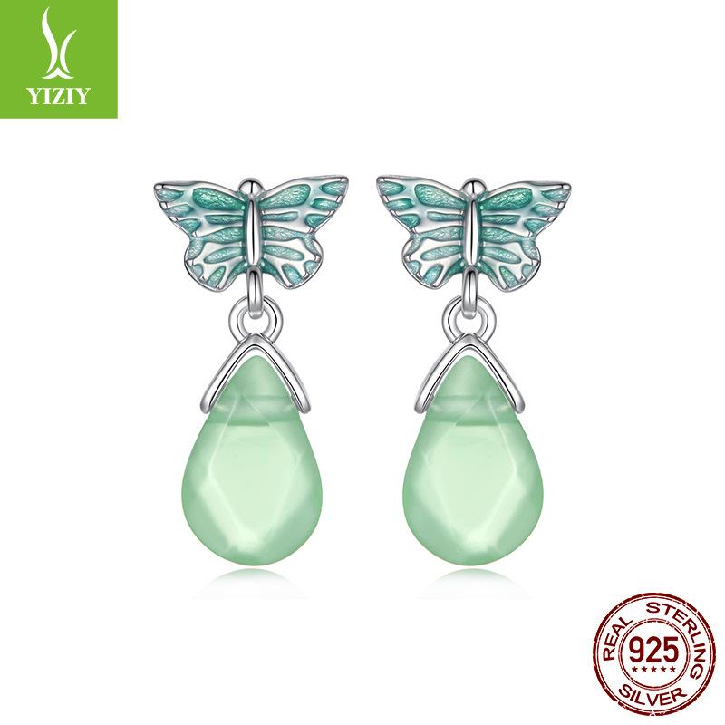 Small Fresh Green Butterfly Stud Earrings Female Smart Natural Wind S925 Sterling Silver Stud Earrings