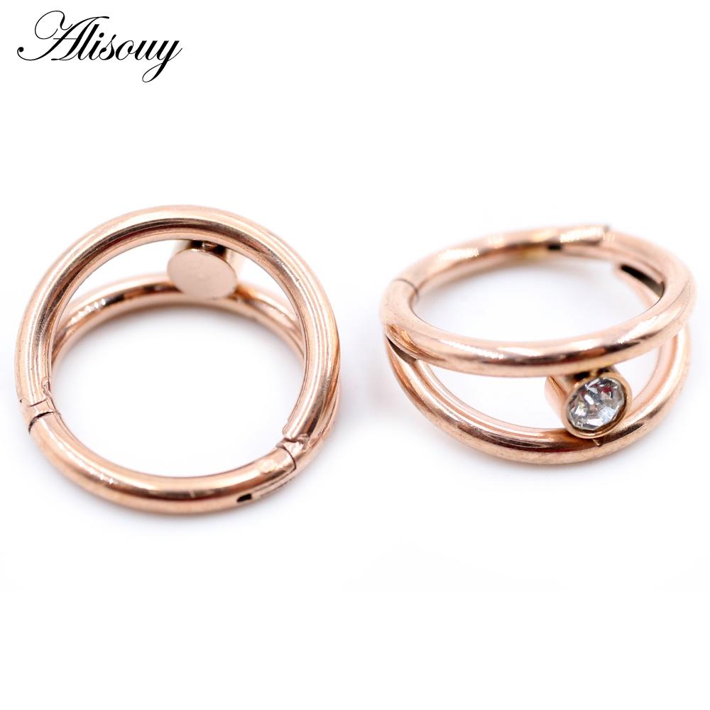 Alisouy 1pc Two Layers Zircon CZ Cartilage Earrings Stainless Steel Hinged Piercing Septum Clicker Nose Rings Hoop Segment Rings