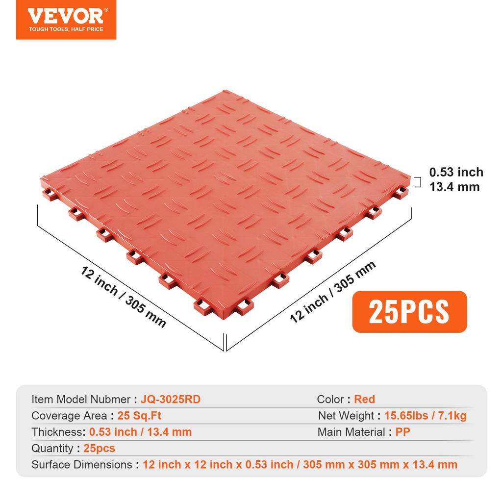 VEVOR Замковые плитки для гаража, 12 x 12 x 0,53 дюйма, 25 шт. Плитки для покрытия пола гаража, Нескользящие плитки для пола гаража с двусторонней текстурой