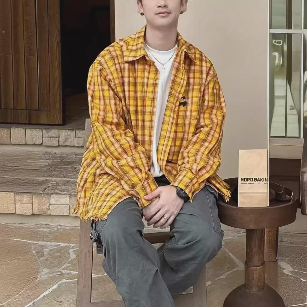 2024 Унисекс Американская ретро желтая клетчатая рубашка куртка: Уникальный весенне-летний топ для пар