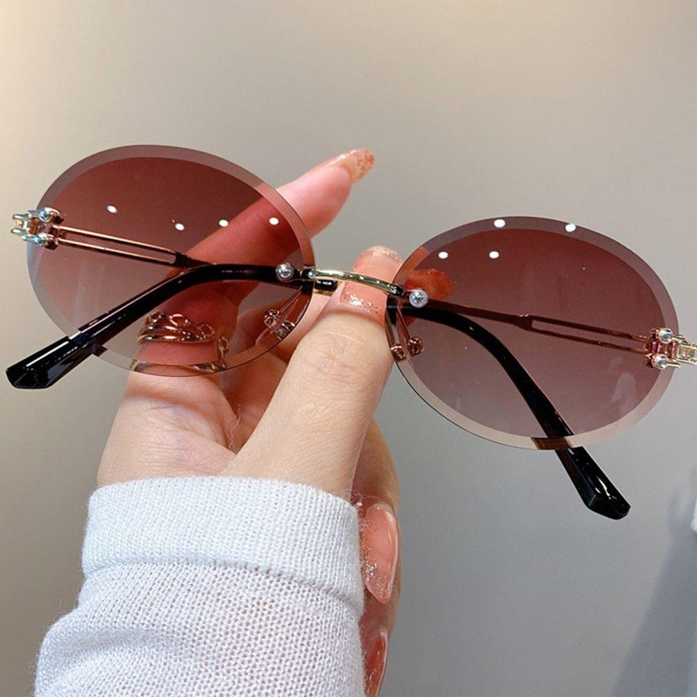 Rimless Oval Sunglasses Vintage Metal Punk Sun Glasses Trendy Frameless Shades Uv400 Protection Gradient Lens Glasses