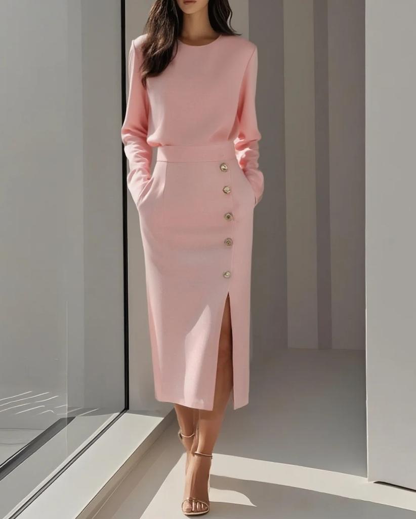 Solid Color Long Sleeve Round Neck Waist Cinched Button Decorated Slit Mid Length Women Dress