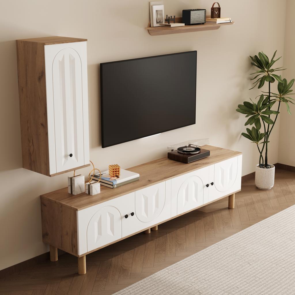 Living room wall unit, 3-piece, consisting of: highboard, cabinets, wall shelf. White and wooden, carved door panels.
