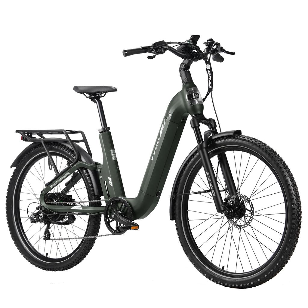 Электровелосипед TTGO E-SUVO, двигатель 250 Вт, аккумулятор 48 В 15 Ач, максимальный запас хода 120 км, шины 27,5" × 2,4", рама с задней подвеской, гидравлические дисковые тормоза, 7-скоростная трансмиссия Shimano