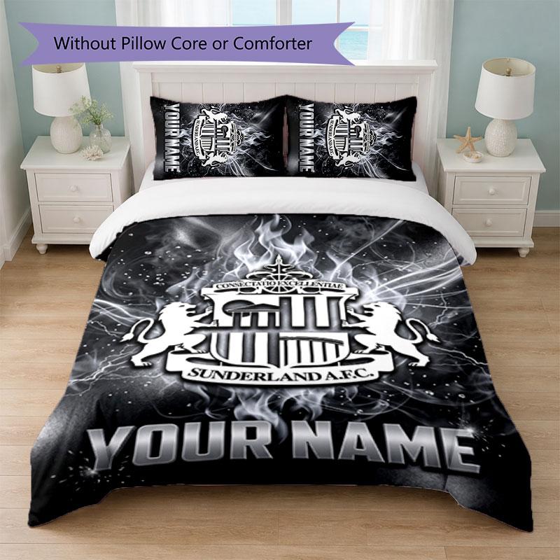 Sunderland FC Custom Name Text Bedding Set 1 Duvet Cover+2 Pillowcases Soccer Logo Personalized Gift For Special Occasion Bedroom Decor