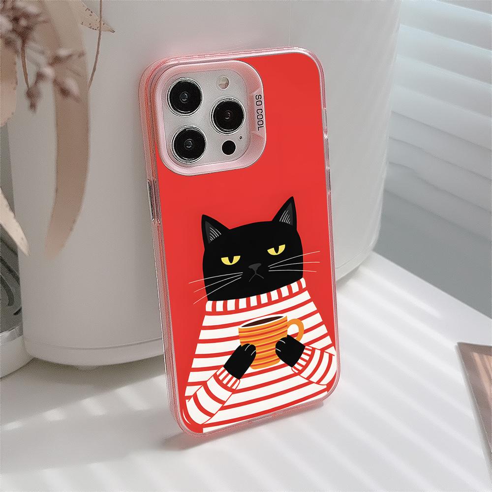 Cute Coffee Cat Pink Translucent Mobile Phone Case for iPhone 17 16 15 14 13 12 11 X XR XS Air Pro Max Plus Colorful Cover