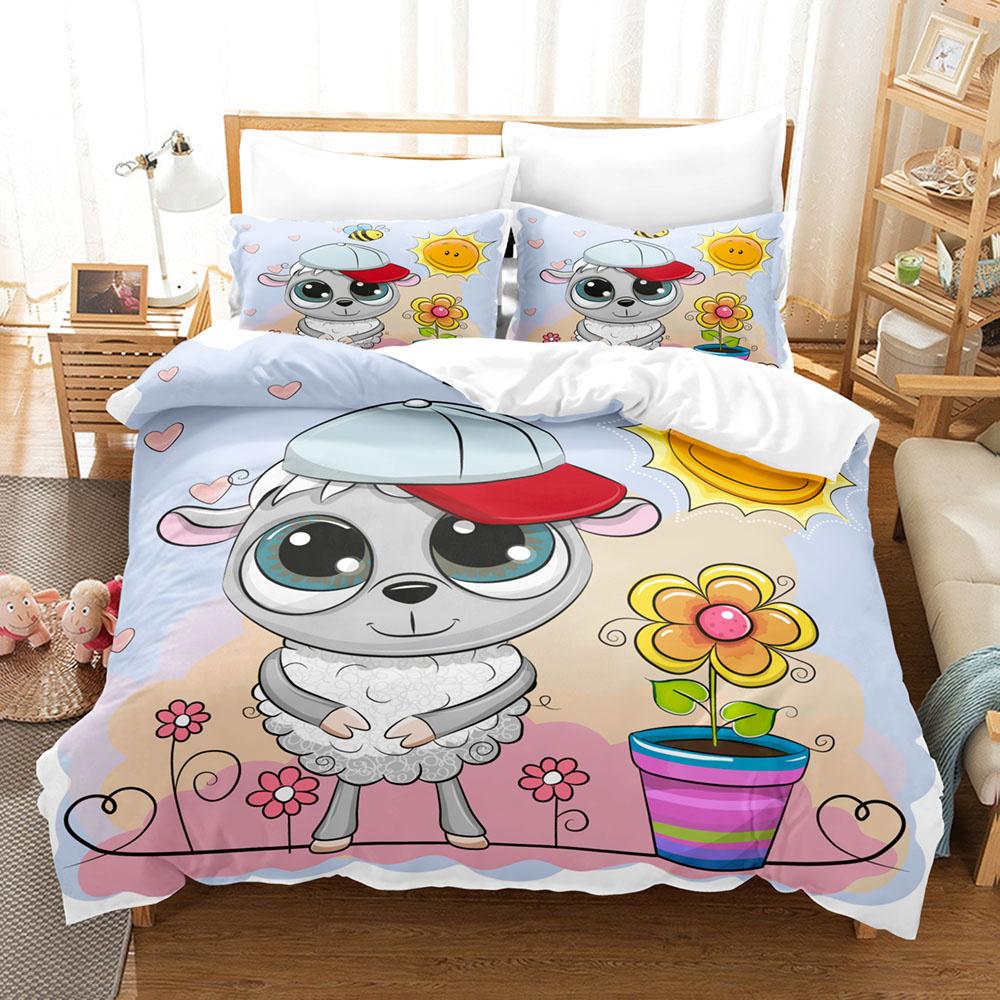 Мультяшный комплект пододеяльника с овечками, милые белые овечки, цветочный узор, размер кинг, квин, полный, для детей, мальчиков, девочек, подарок, полиэстеровый комплект постельного белья