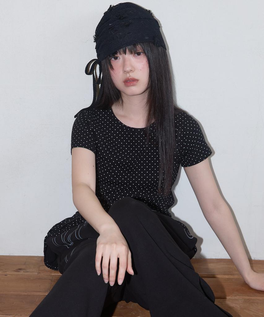FANCY CLUB Frill Layered Dot Tee (Black) F25Qb128