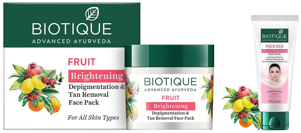 Biotique Био Фруктовая Маска для Лица Отбеливающая, Удаляющая Пигментацию и Загар, 75 г И Biotique Био Белый Усовершенствованный Крем для Осветления Кожи, 50 г