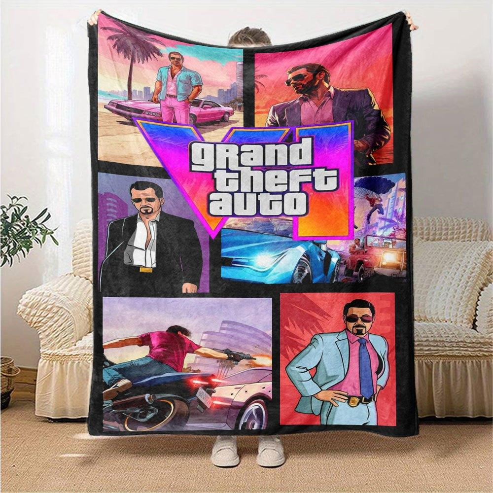1 шт. Мягкое фланелевое одеяло Grand Theft Auto с дизайнерским принтом. Уютное одеяло для всех сезонов, идеально подходит для дивана, кровати, офиса