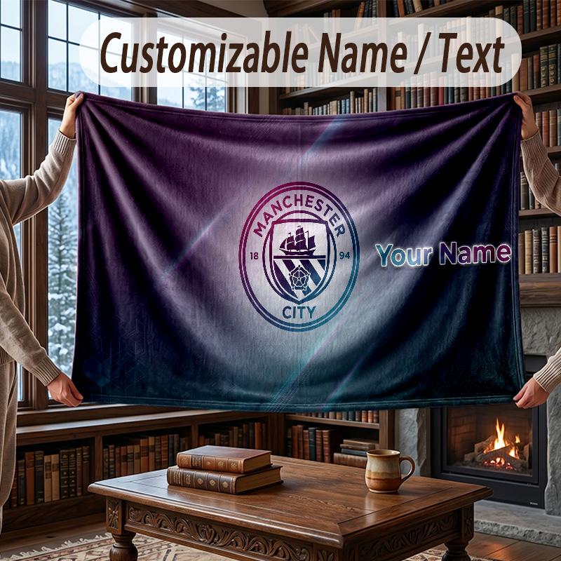 Custom Name Flannel Throw Blanket Manchester City Pattern Warm Home Decoration