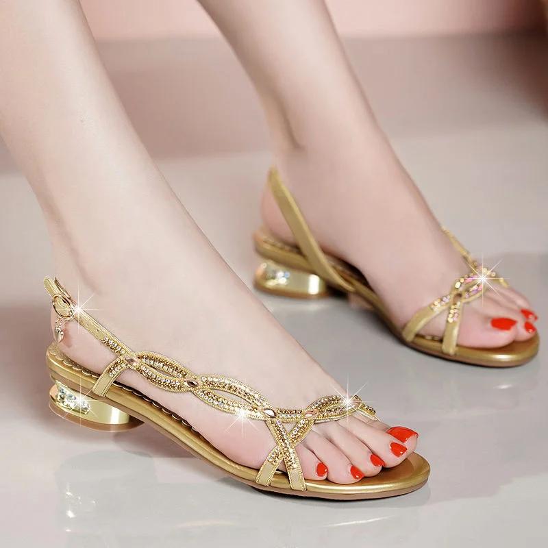 Мода Темперамент Элегантные босоножки со стразами Летние туфли на низком каблуке Новые открытые туфли Подарок со стразами Модные плоские женские сандалии