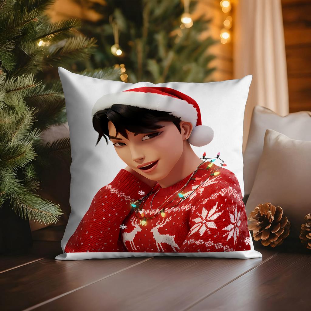 KPop Demon Hunters Blue Cat wearing Christmas Hat with Colorful Lights Christmas Pillowcase fashion Home Decoration
