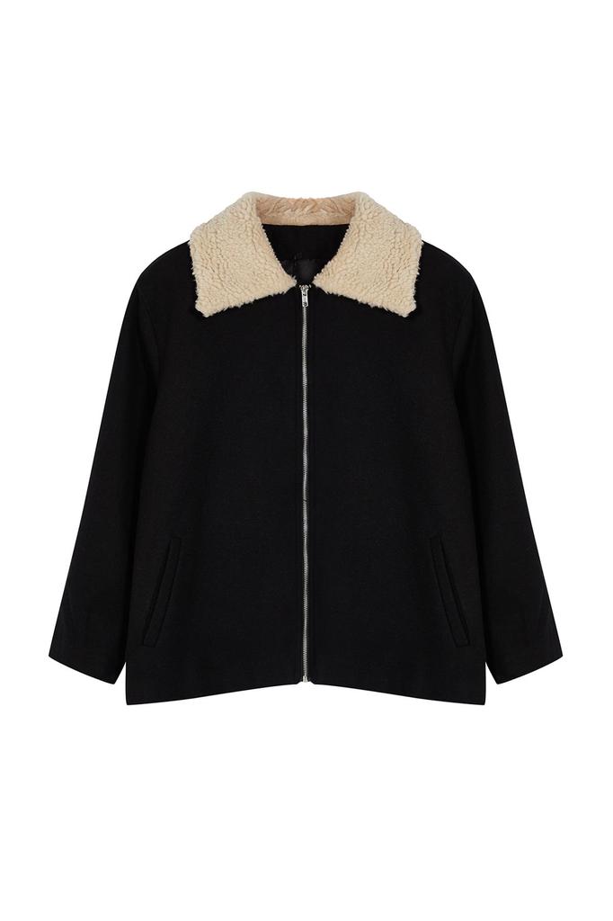 Women's Plus Size Coat Black Regular Fit Wool Blend Cashmere Coat with Plush Detail On the Collar