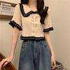 Design Sense Niche Ruffle Edge Doll Neck Knitted Shirt Short Sleeved Shirt Women's Summer Unique French Chic Short Top