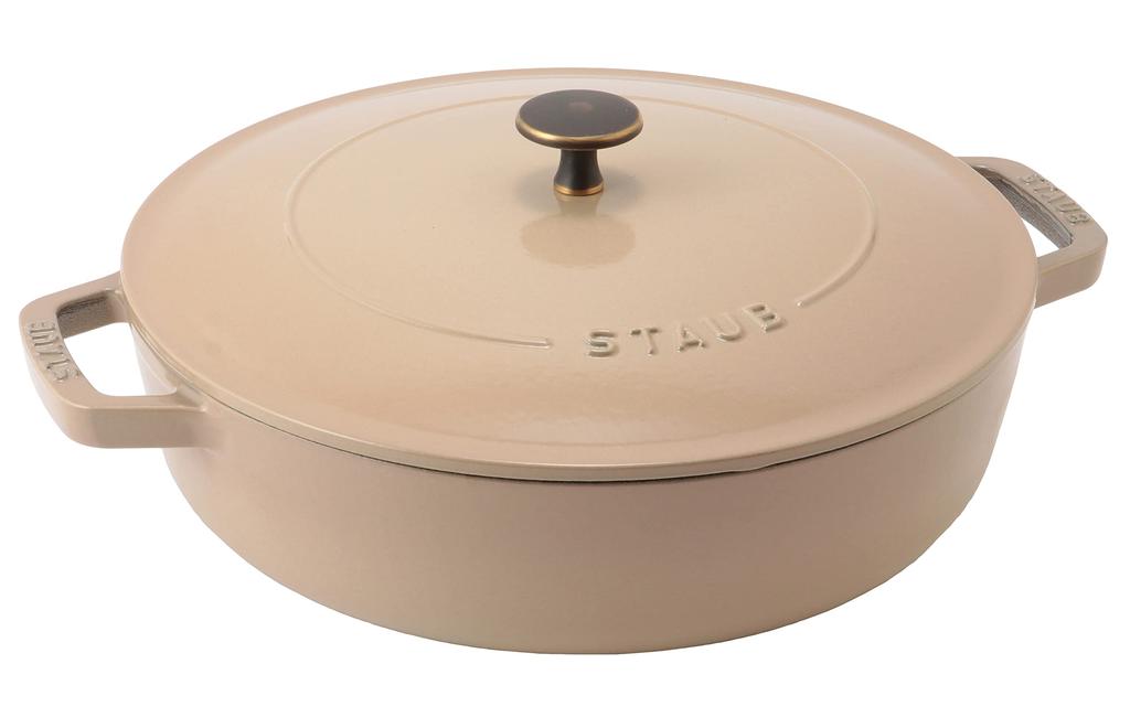 Staub Saute Pan Linen 26cm Vintage Knob Large Two Hand Cast Enamel Pot Shallow Sukiyaki Compatible with IH Japanese Product with Serial Blaiser