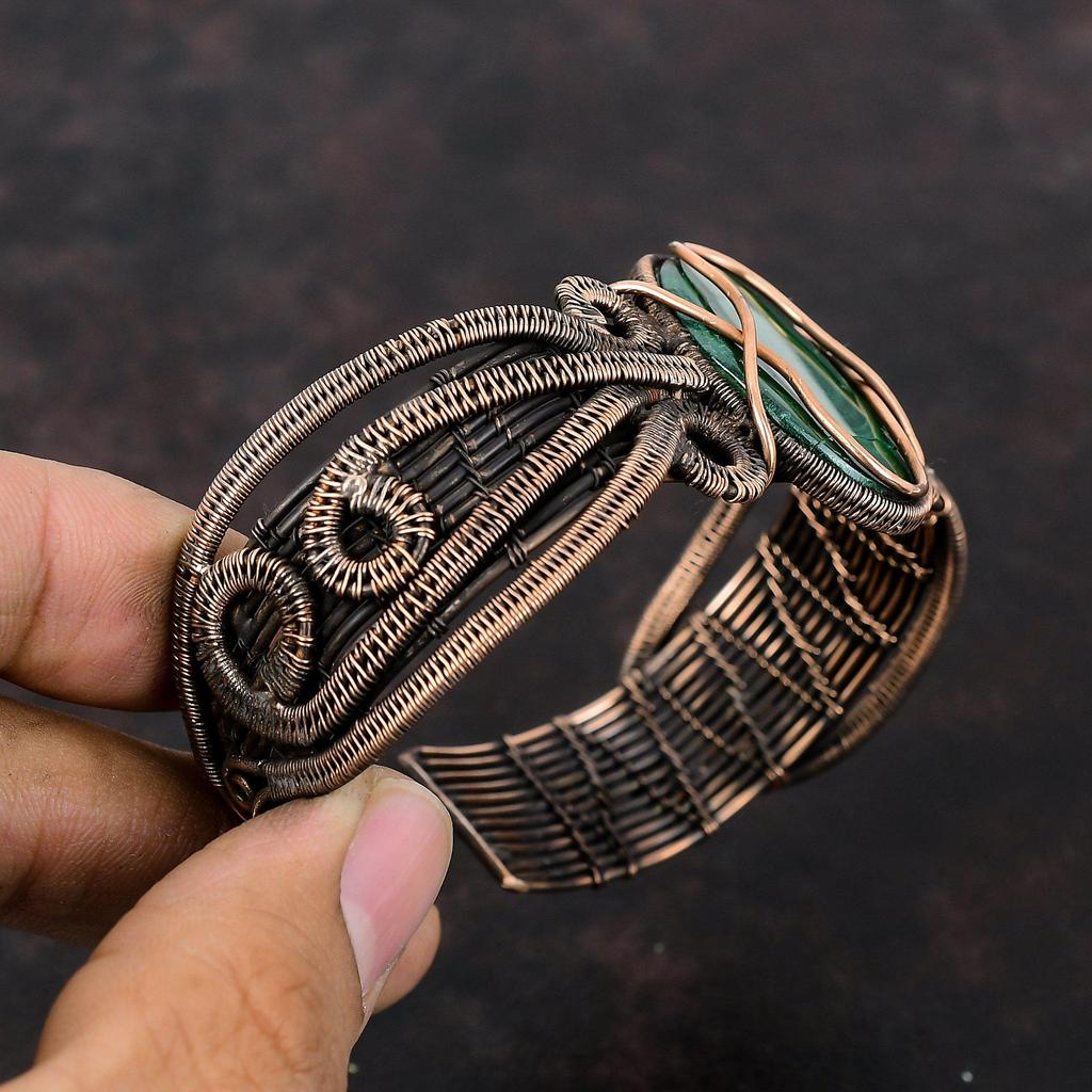 Малахитовый браслет-манжета, браслет-бенгл, обмотанный медной проволокой, украшения ручной работы, регулируемый браслет-бенгл, браслет-манжета с драгоценным камнем, украшения из античной меди для подарка