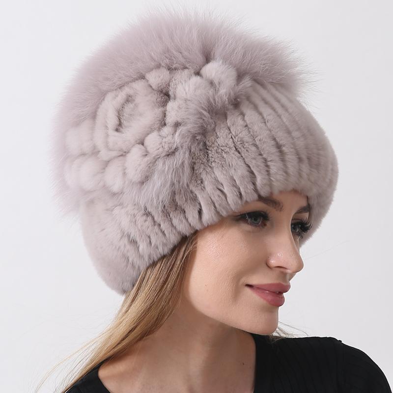 Natural Fluffy Fox Rabbit Fur Hats for Women Winter Knit Floral Striped Elastic Stylish Fashion Warm Thick Outdoor Skull Beanie