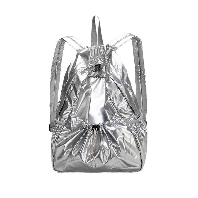 Silver Texture Drawstring Backpack Large Capacity Casual Backpack Women'S Niche Design Lazy Style Schoolbag