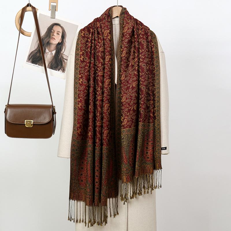 Jacquard Scarf Shawl High-End Atmosphere Fringed Scarf Osmanthus Pattern Jacquard Warm And Comfortable Scarf